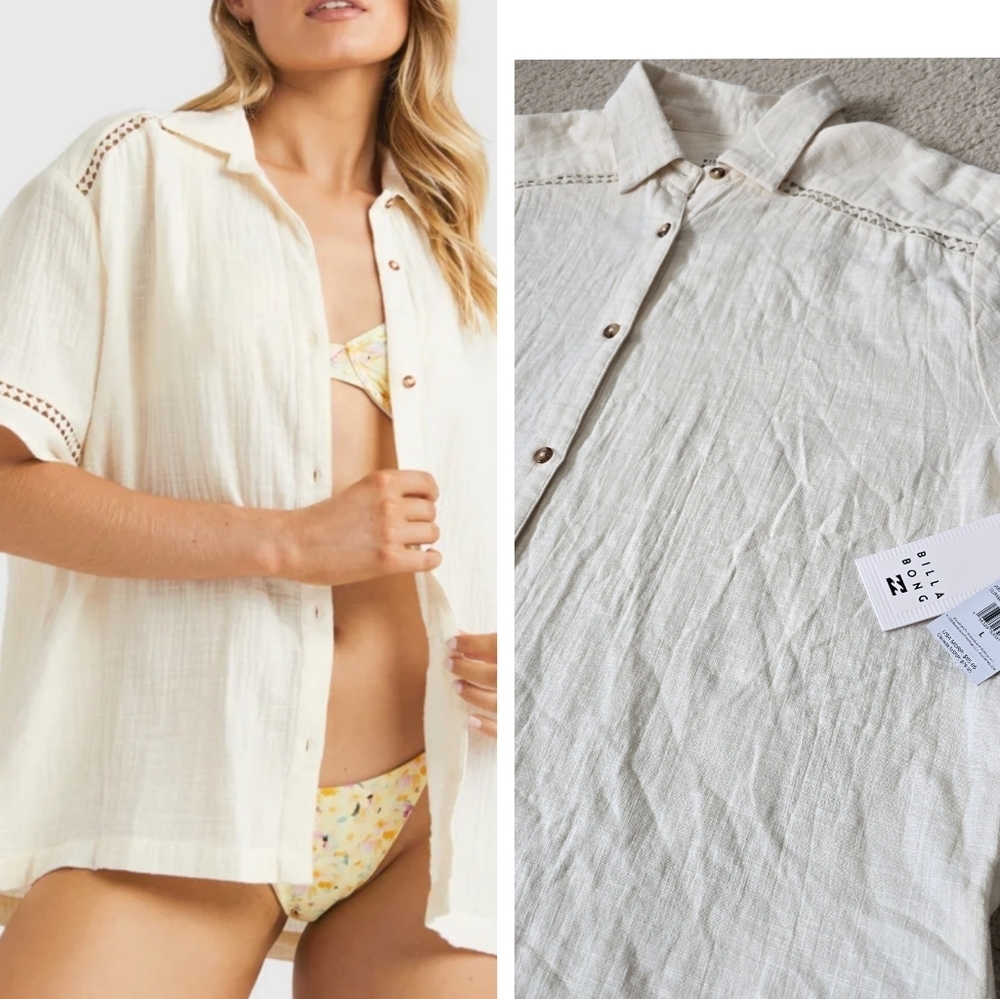 Billabong Summers End Oversized Button Down Short Sleeve Blouse
